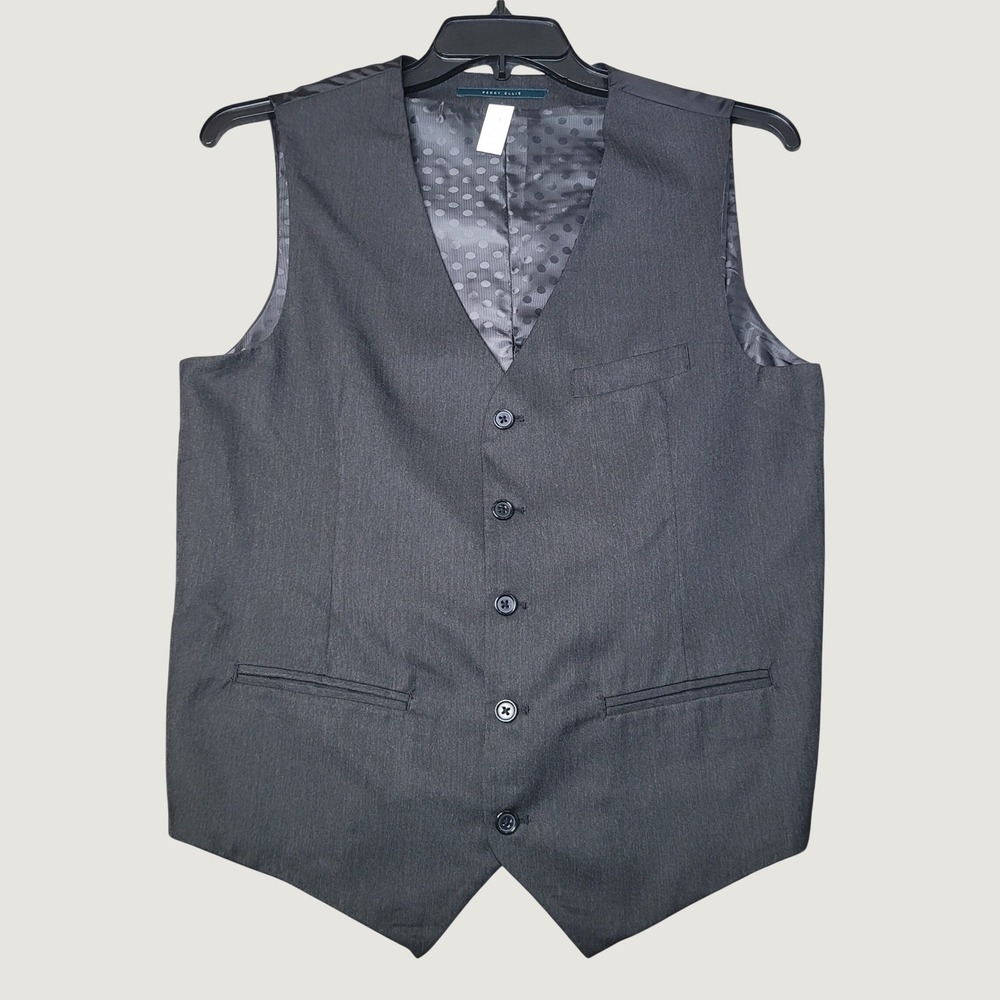 Perry Ellis Mens Suit Vest Charcoal Grey Herringbone Waistcoat Size Medium